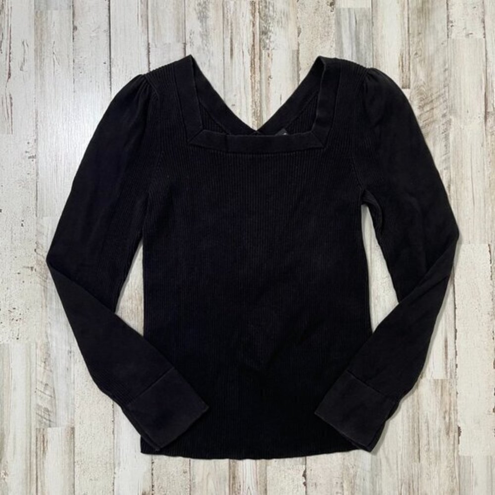 2000s Y2k Moda International Black Ribbed Knit Square Neckline Top Womens Medium
